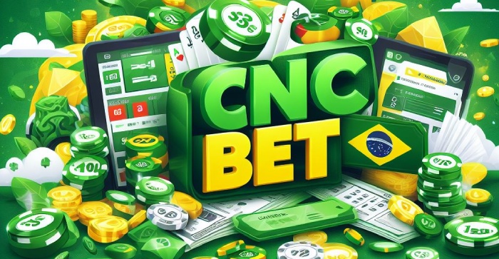 Banner mostrando o logo da CNC Bet com recursos de jogos de cassino ao redor